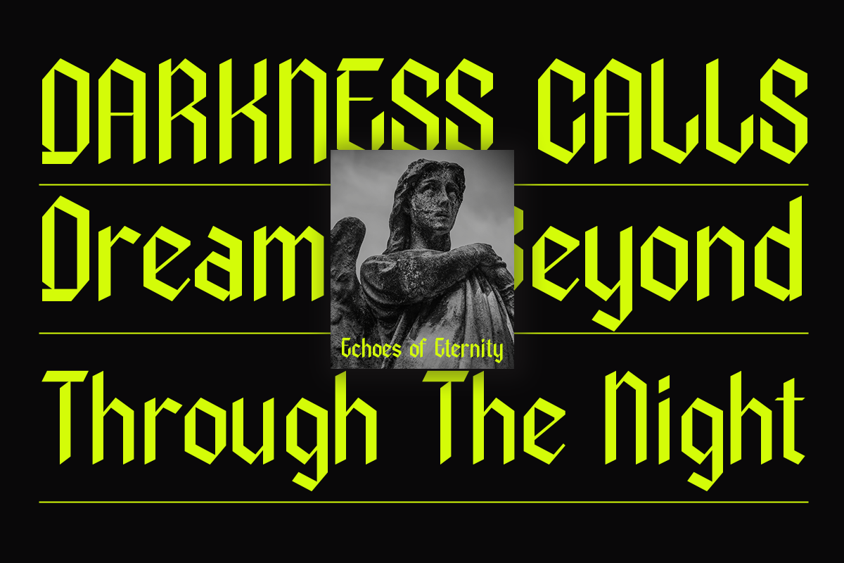 Neon yellow gothic typography layered over black with statue photo inset