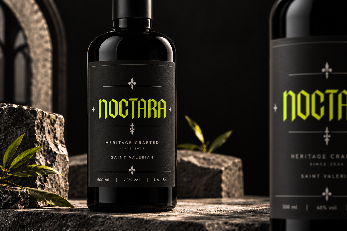 Dark spirit bottle mockup with neon yellow label, stone backdrop, moody lighting