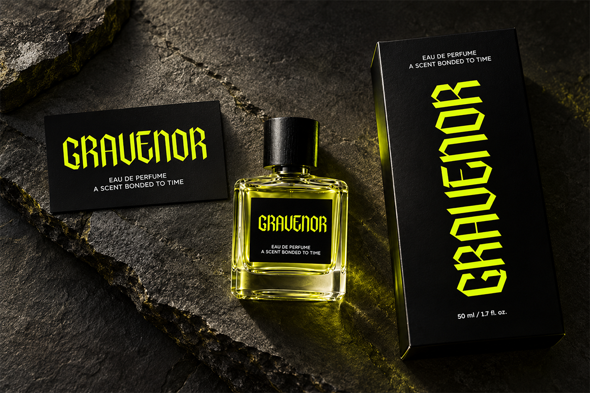 Gravenor perfume bottle with neon yellow branding on black boxes against moody stone texture