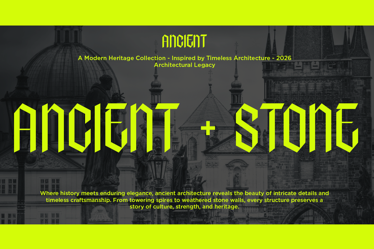 Neon yellow typography over moody architecture photography with historic buildings