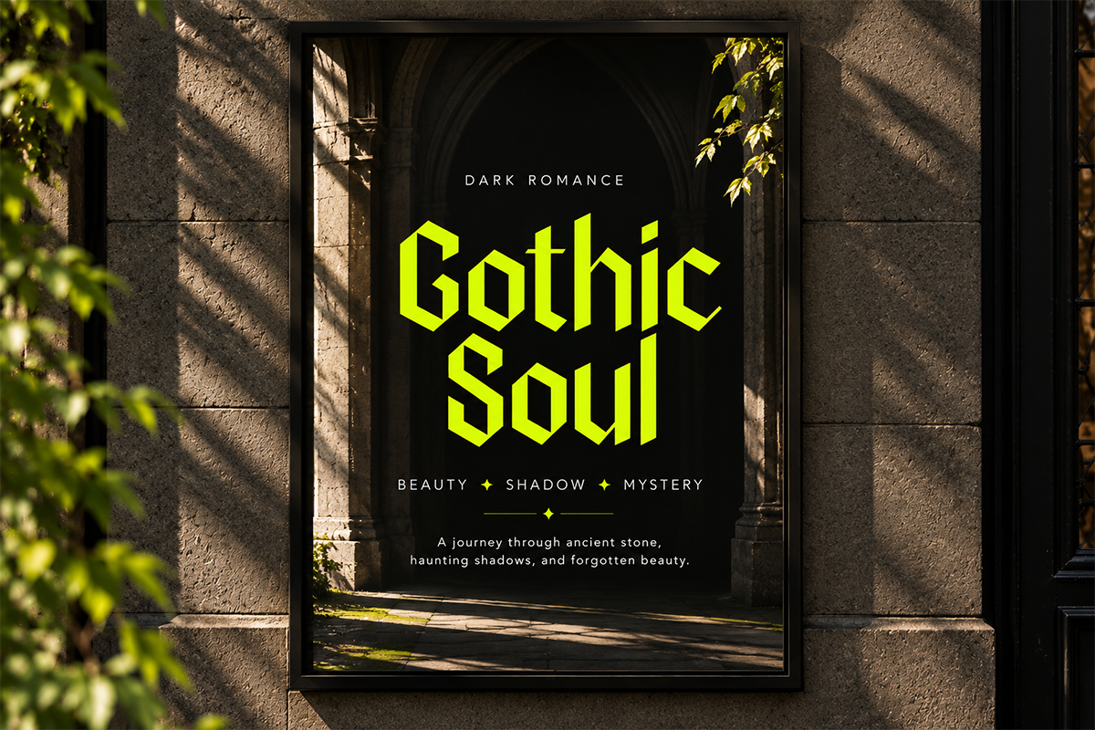 Neon yellow gothic typography poster on dark stone wall with ivy vines, moody book cover mockup
