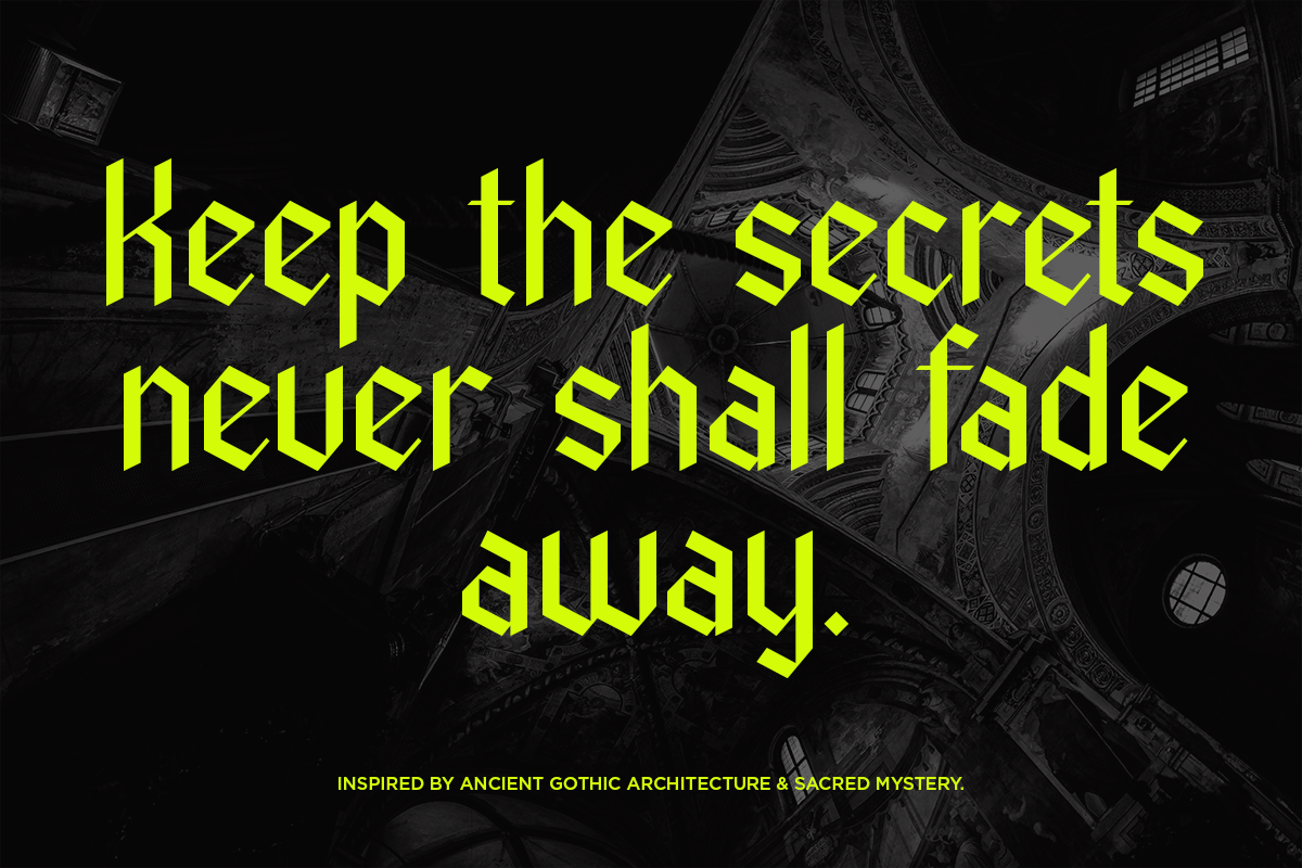 Neon yellow text overlay on dark gothic architecture with mysterious vibe