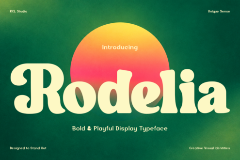 Rodelia display typeface with cream letterforms, gradient sun circle, green background
