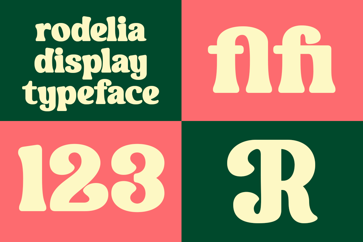 Rodelia display typeface shown in cream on split green, coral backgrounds with sample letters