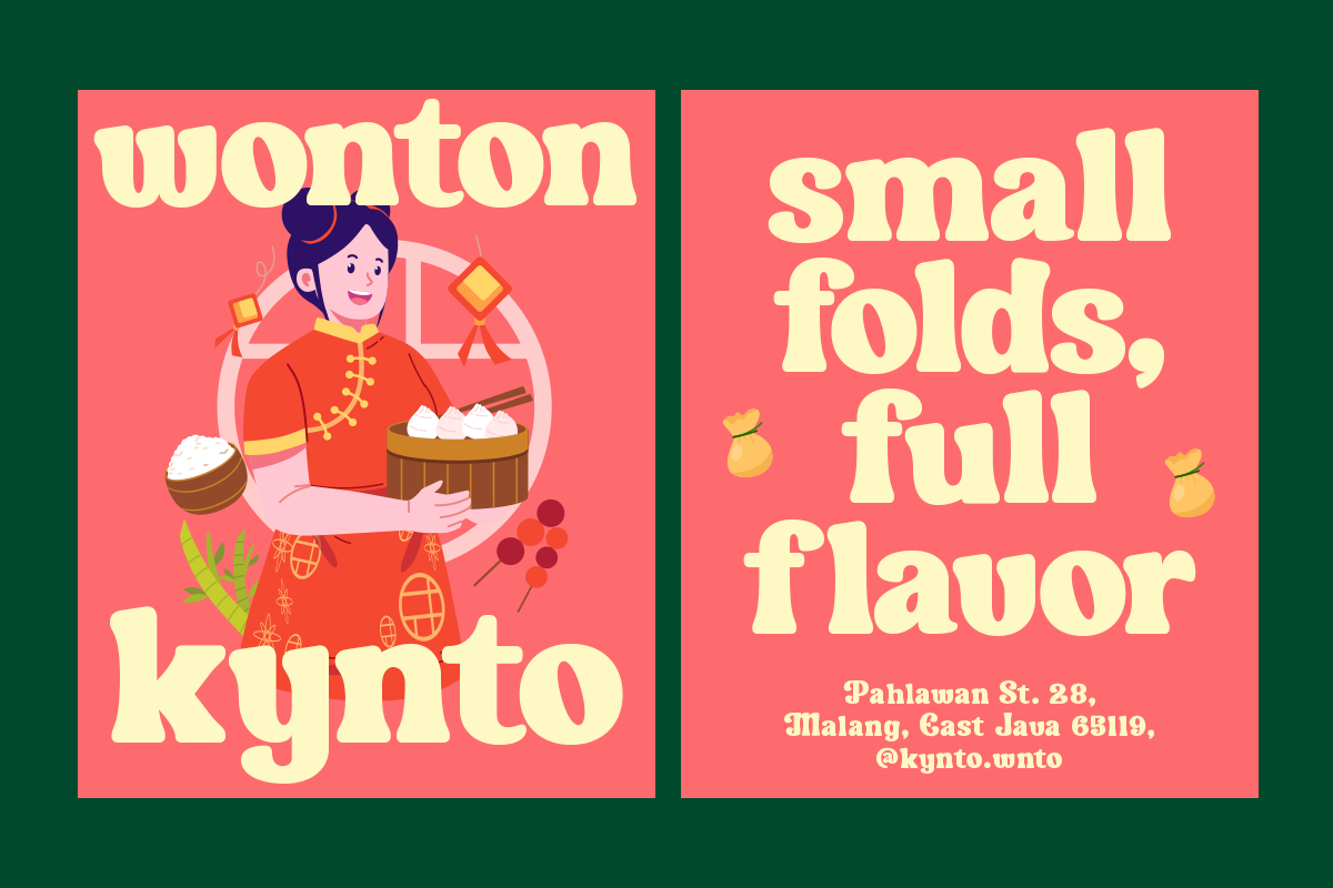 Wonton Kynto poster mockup with cheerful illustration of woman in red traditional outfit holding bamboo steamers on coral background