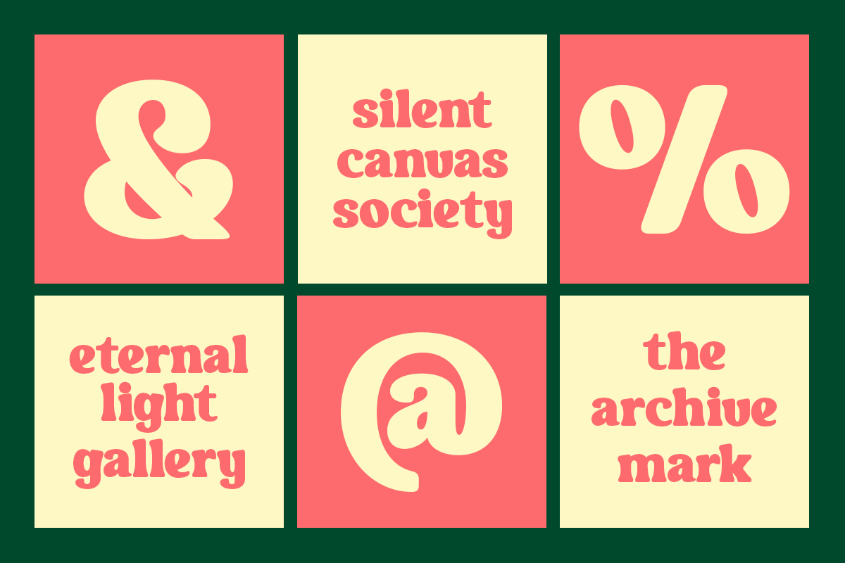 Six colorful poster squares with retro typography in coral pink, cream, ampersand symbol, percentage sign