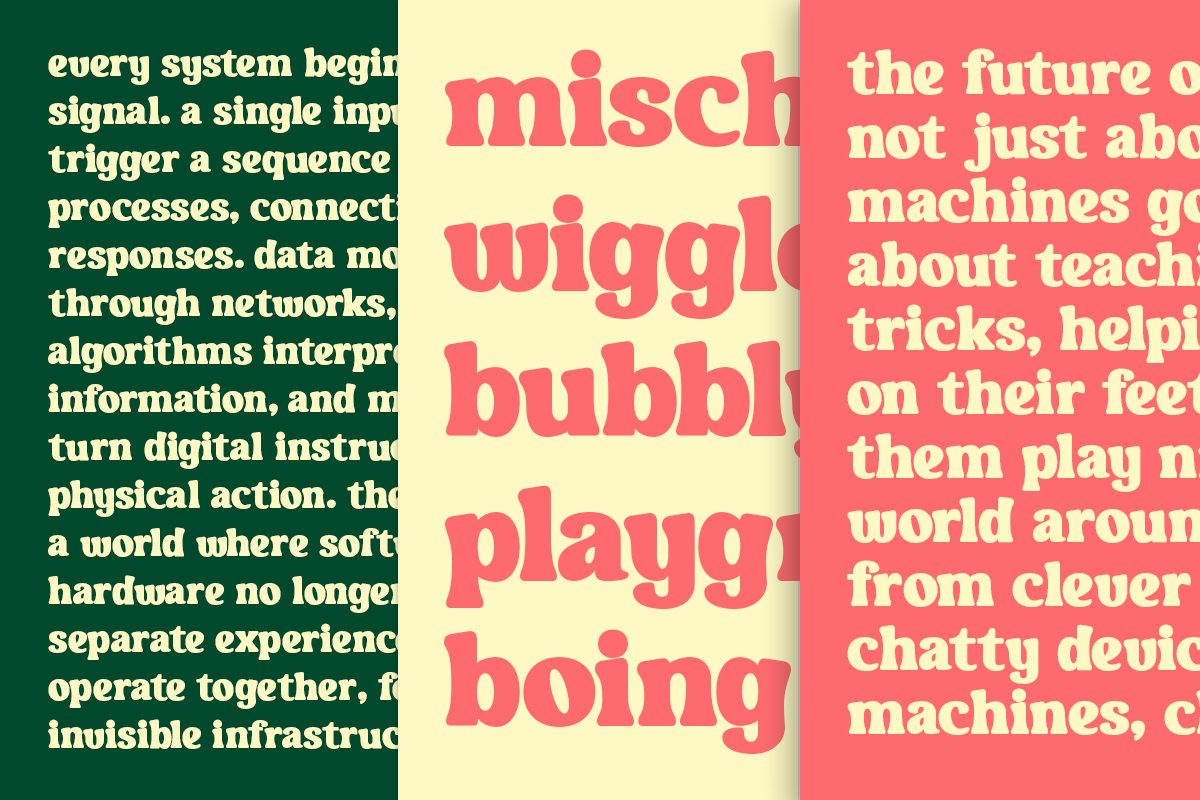 Bold serif font specimen showing chunky letterforms in coral pink on cream, cream, plus green panel with white text
