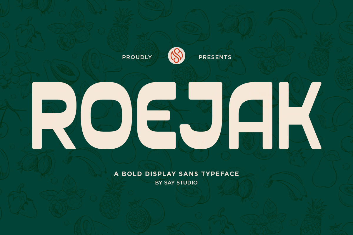 Roejak bold display sans typeface on teal background with fruit line art pattern