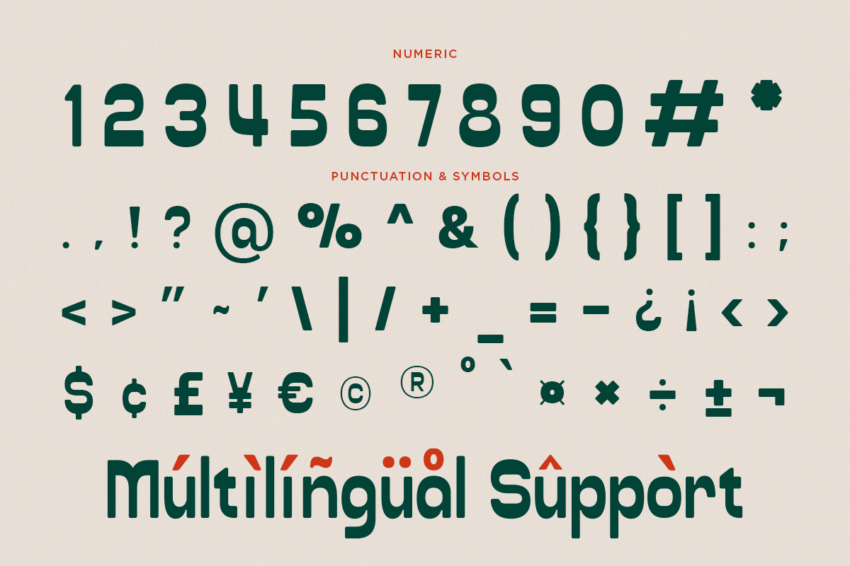 Bold teal typeface showing full character set with numbers, symbols, currency signs, accents for multilingual support