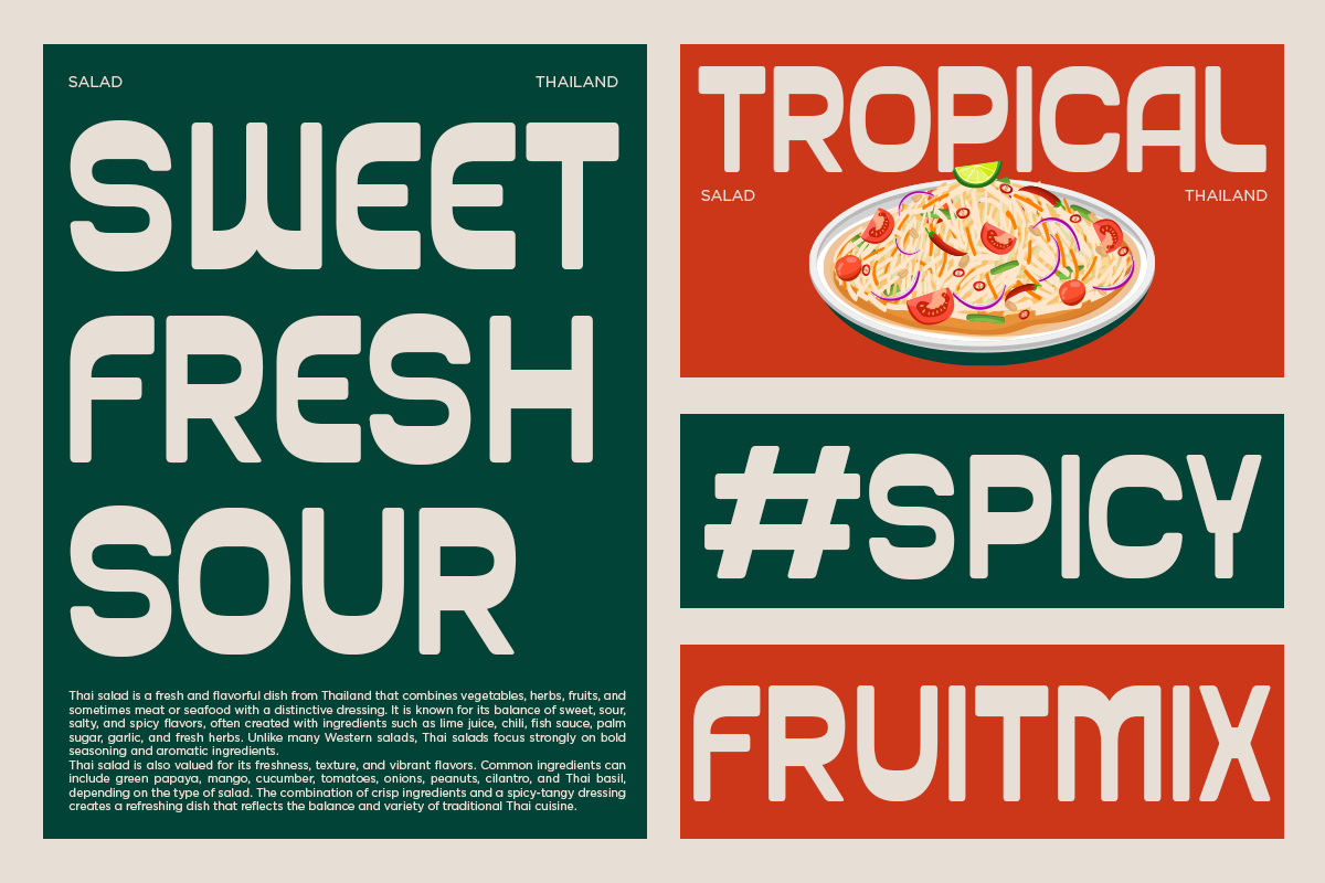 Bold retro design poster for Thai salad restaurant with illustrated dish, cream type on dark green background