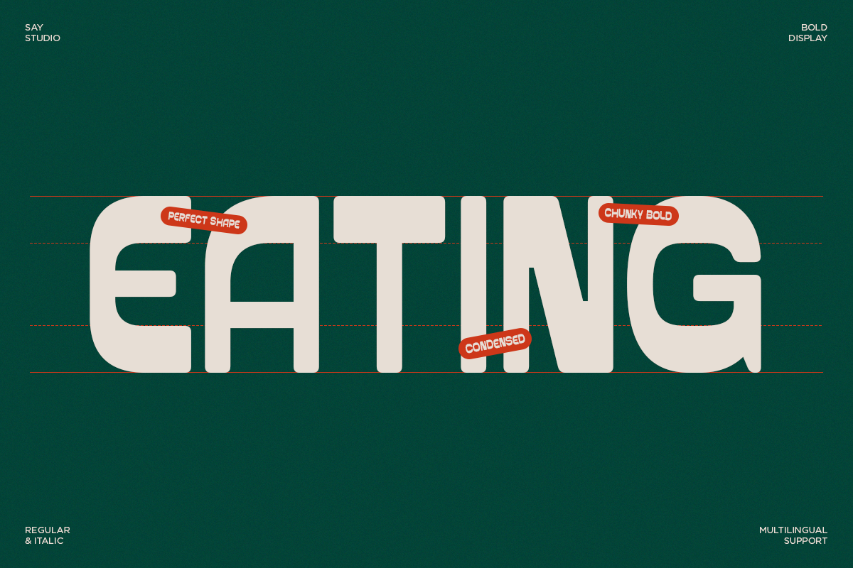 Bold sans serif display font with chunky condensed weights on deep teal background