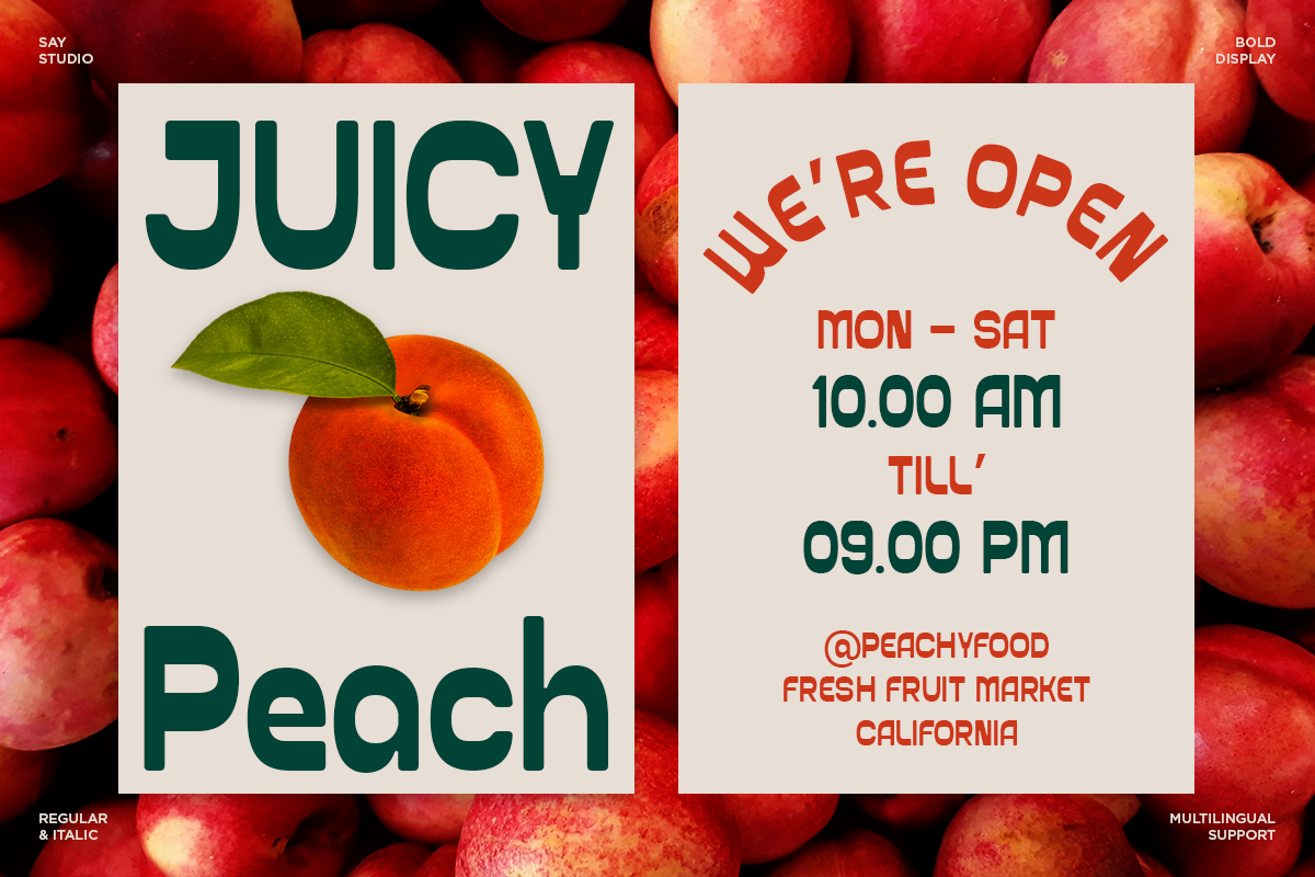 Juicy Peach market poster mockup with hours, location details over red apples background