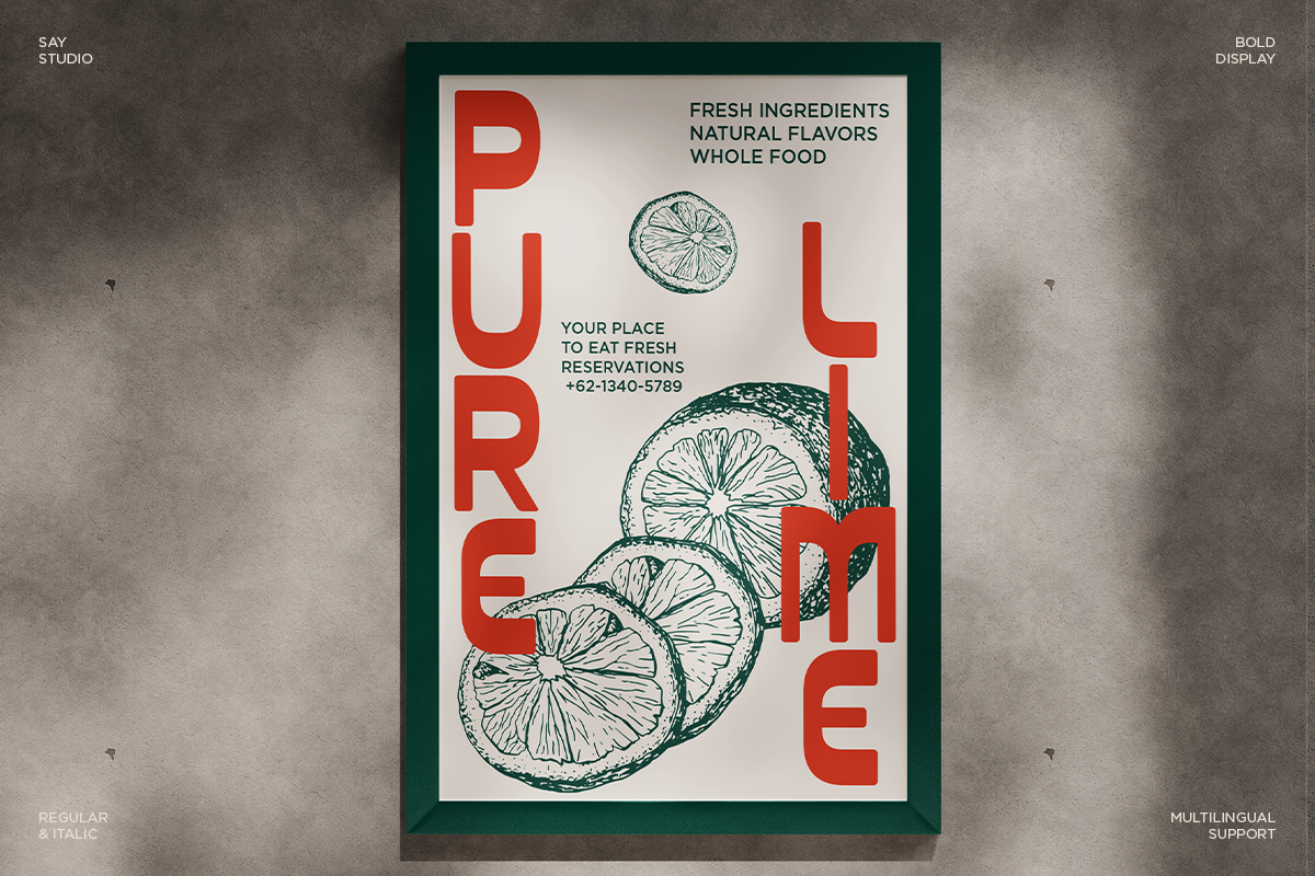 Framed poster for fresh food restaurant with red typography, lemon slices, green border