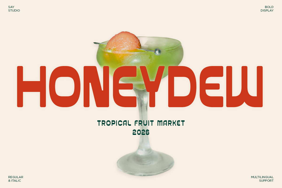 Vintage cocktail poster with bold red HONEYDEW text over tropical fruit drink mockup