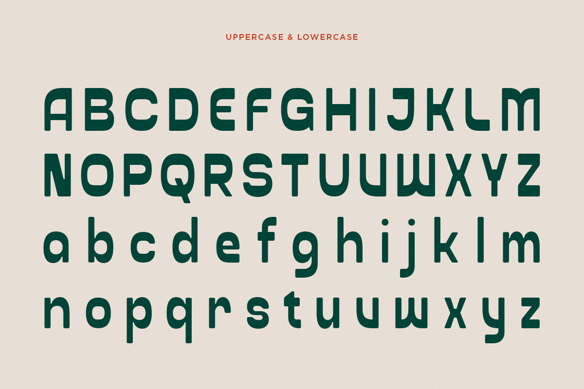 Bold teal sans serif font shown in uppercase, lowercase, with neutral beige background