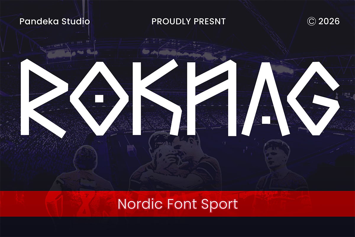 Rokfag Nordic sport font with bold geometric letterforms over stadium crowd