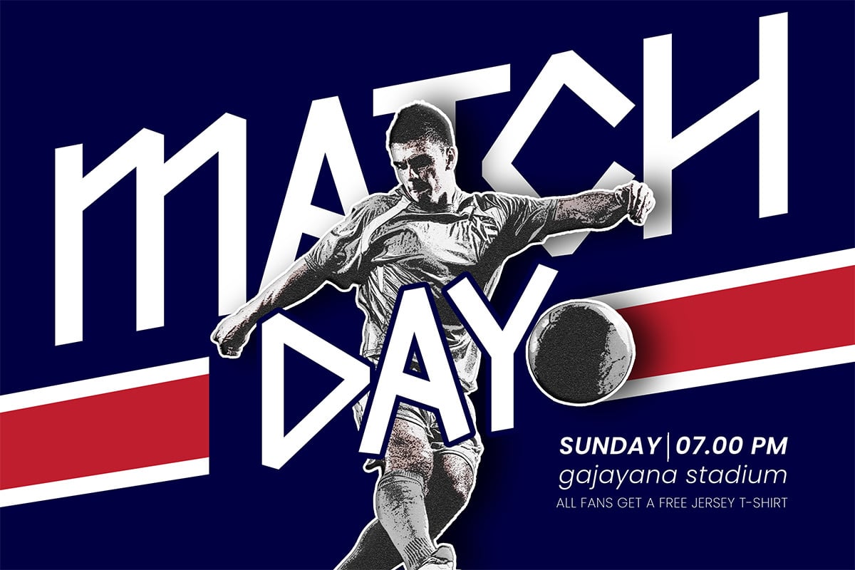 Match Day poster with vintage footballer kicking ball, bold typography on navy background with red stripe