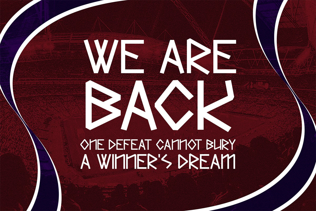 Dark red gaming poster with bold white geometric text reading "We Are Back" over a gritty bridge backdrop with blue curved borders