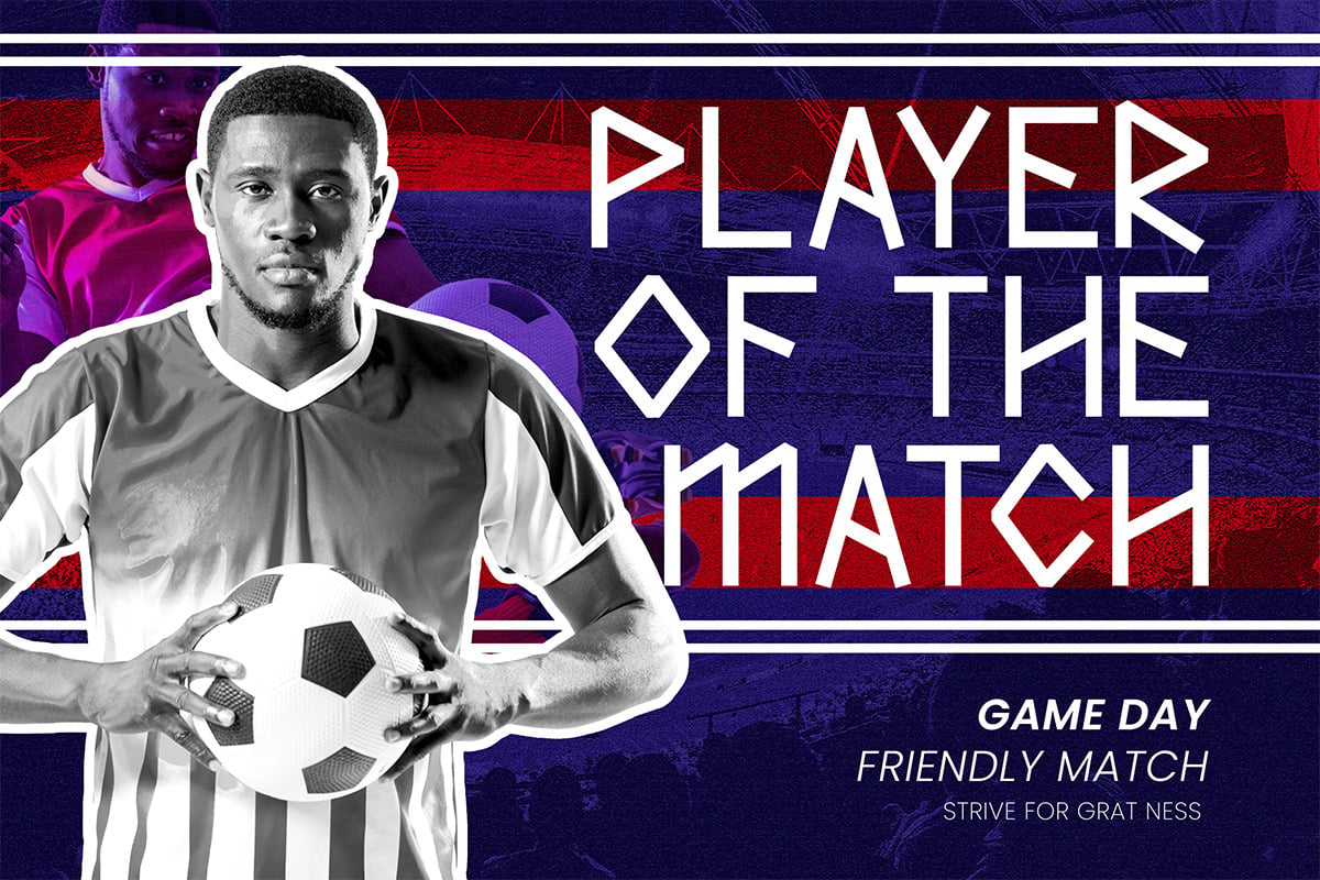 Soccer player holding ball with "Player of the Match" text over red blue striped background
