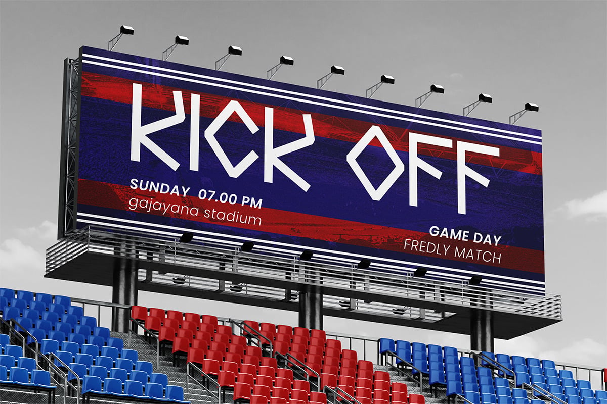 Stadium billboard mockup showing sports event promotion with red, white, blue stripes