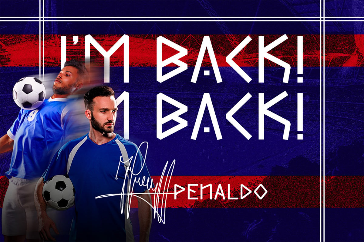 Soccer players with bold geometric type over striped red blue background with distressed texture overlay