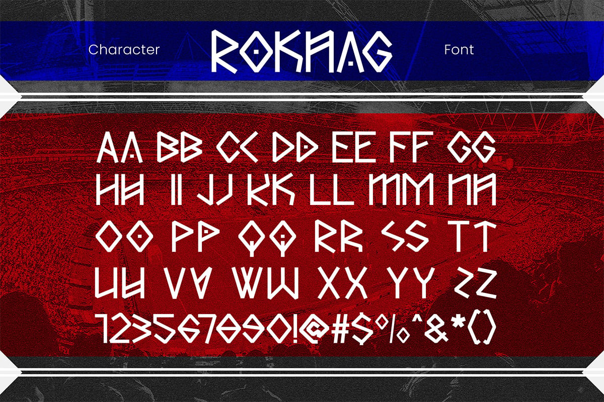 Rokhag geometric font display showing full alphabet with numbers on red textured background