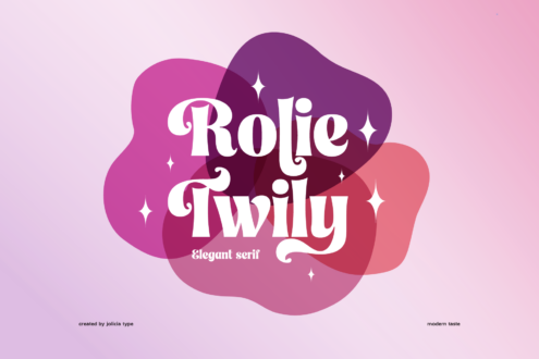 Rolie Twily elegant serif font on colorful gradient blob shapes with sparkle accents
