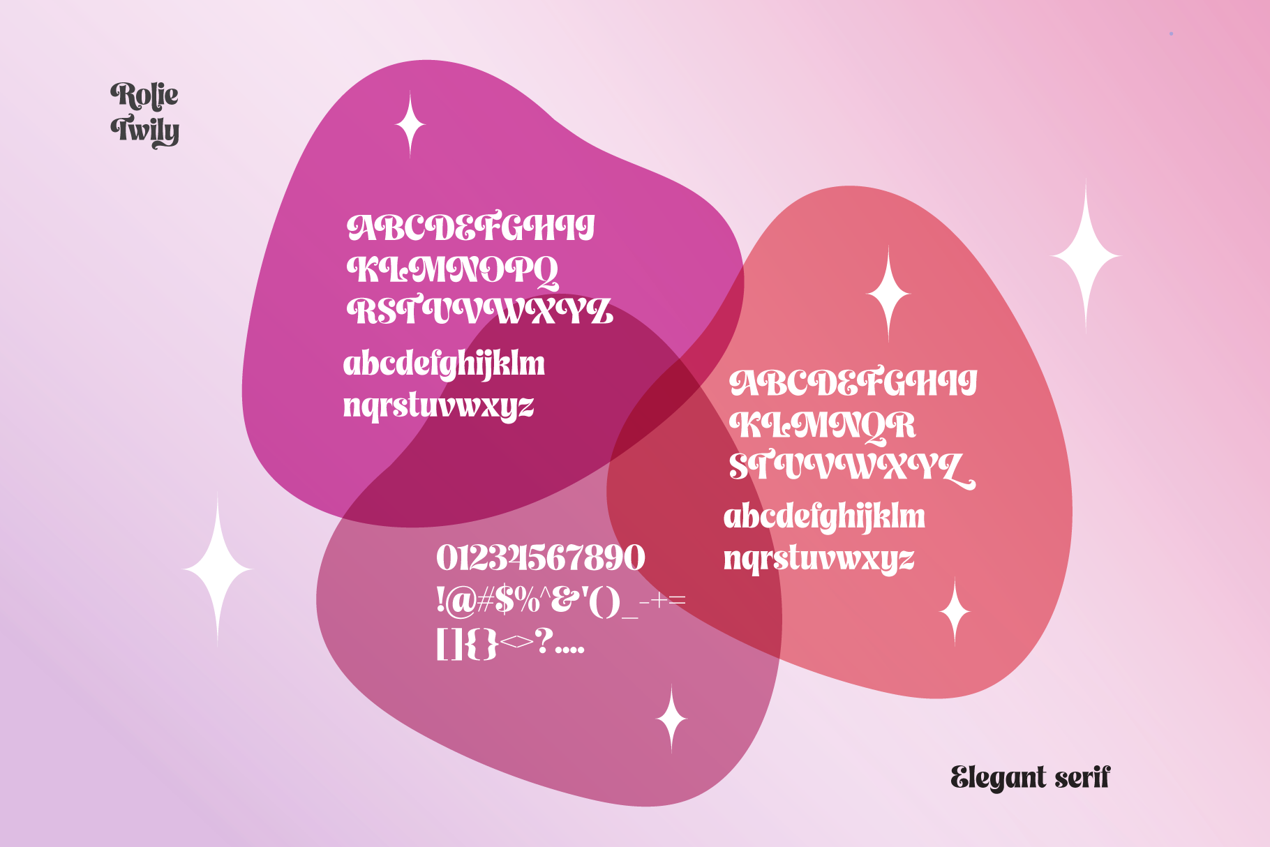 Rolie Twily serif font displayed on pink gradient blobs with sparkles, showing uppercase, lowercase, numbers plus symbols