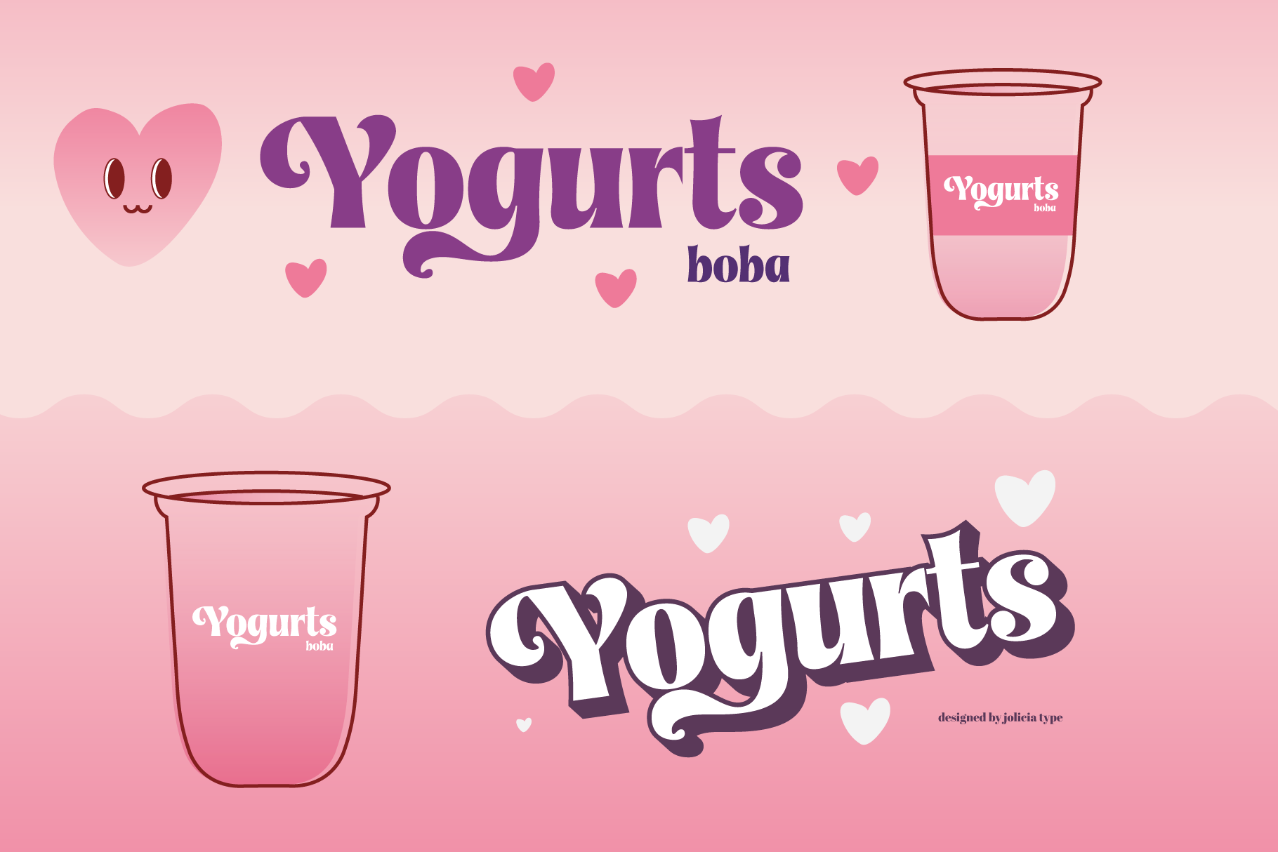 Cute pink yogurt branding mockup with boba cups, heart characters, plus playful serif lettering throughout