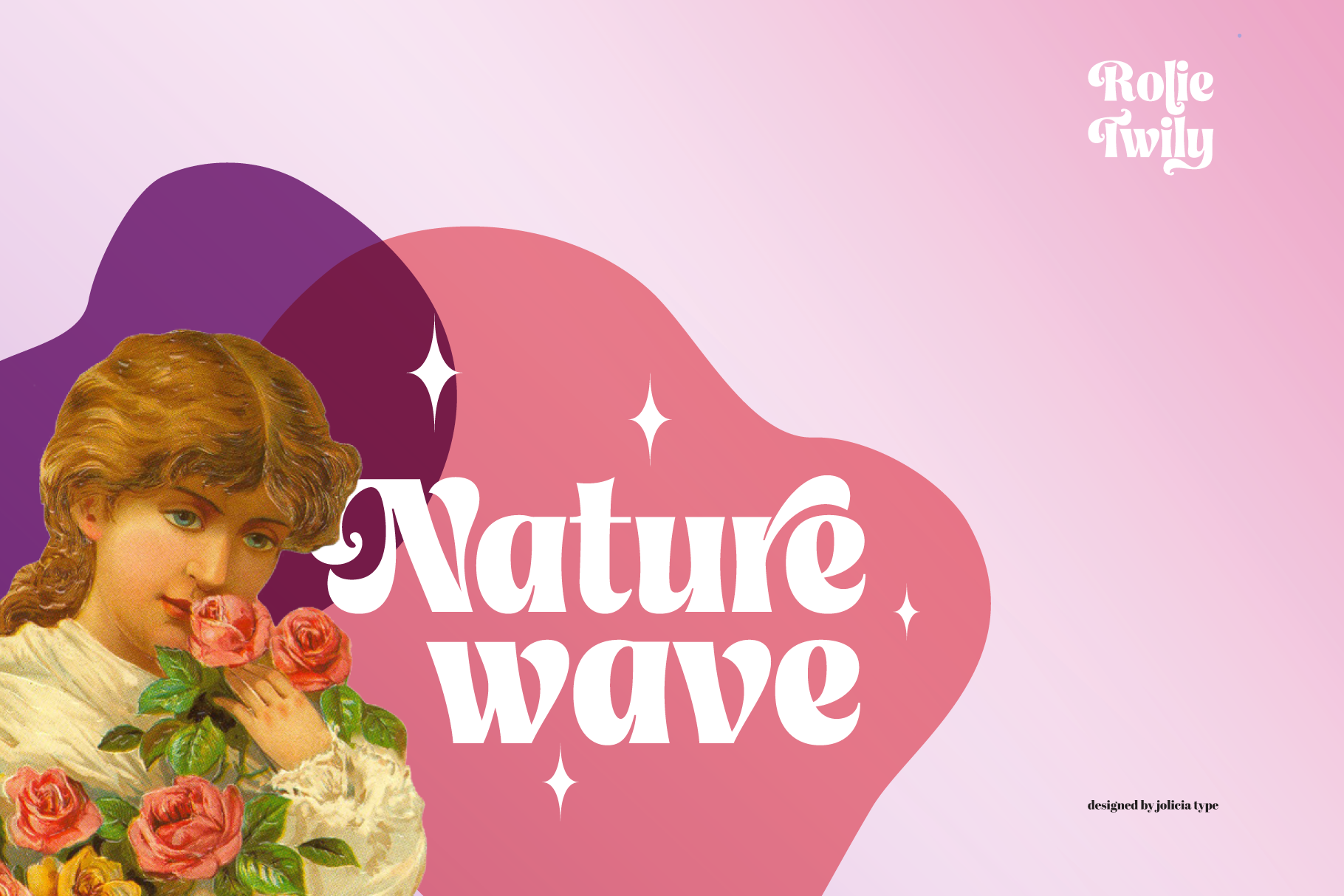 Vintage cherub with roses on pink blob shapes, Nature Wave serif font displayed center with sparkles