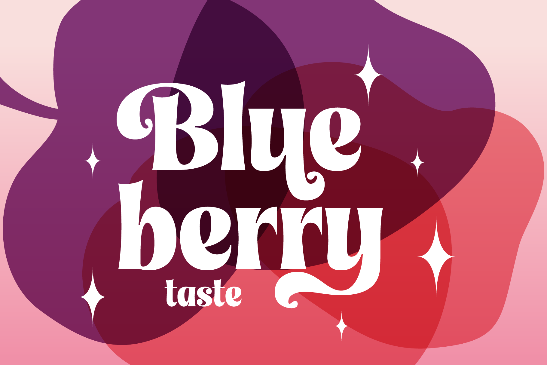 Blueberry taste poster with retro serif lettering, sparkles, flowing gradient shapes in purple to coral