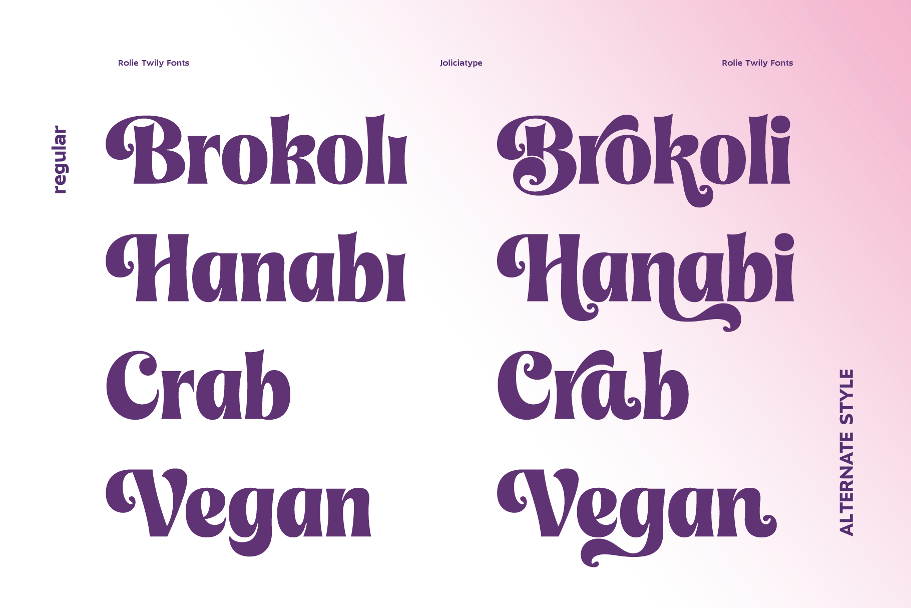 Rolie Twily font family displaying regular weight with alternate style variations in deep purple