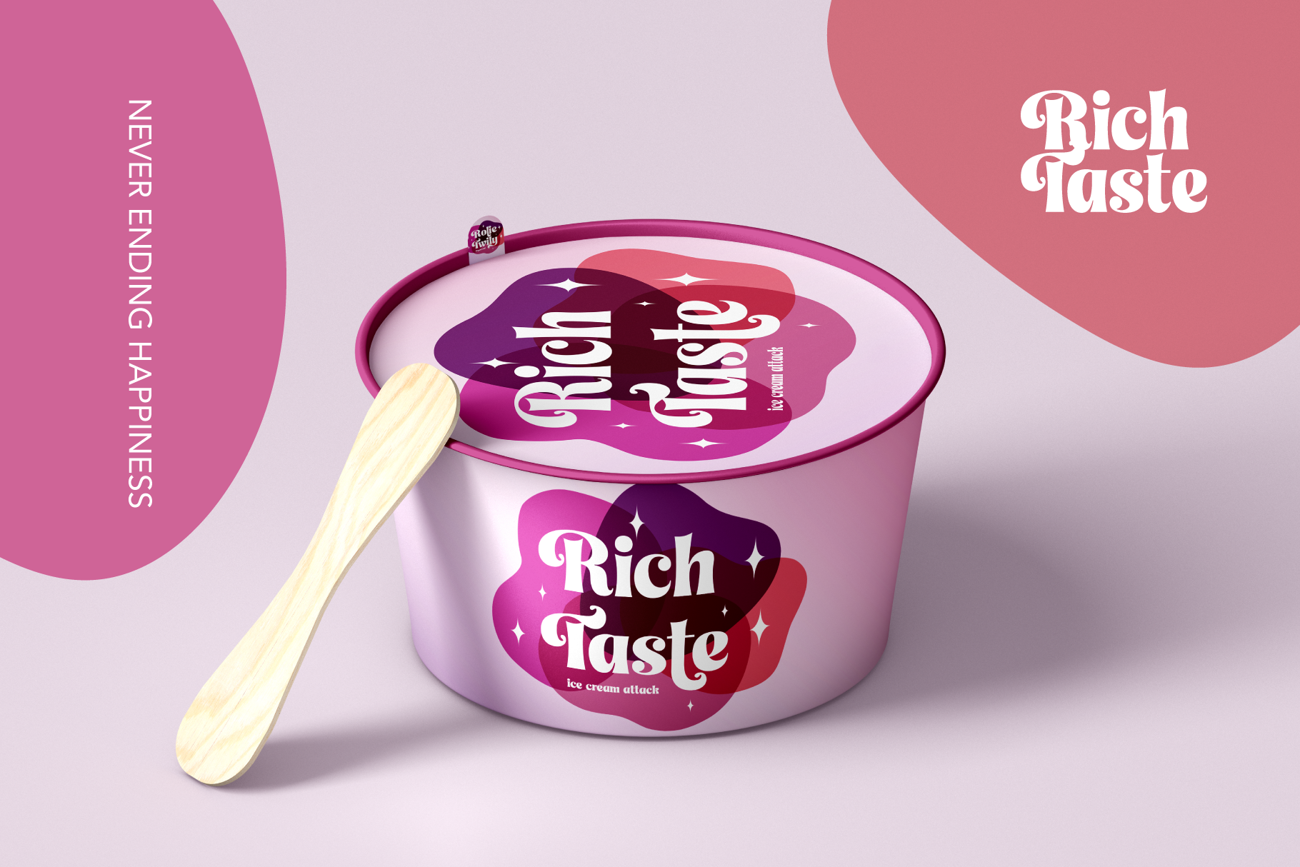 Ice cream container mockup with lid, spoon, magenta branding labels on pastel background