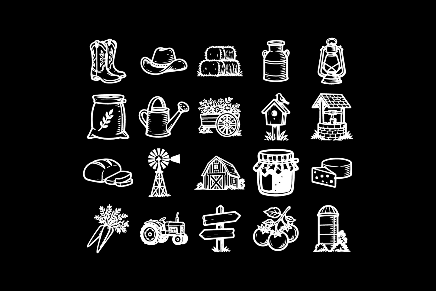 Line art farm icons set with boots, barn, tractor, windmill, cheese, bread, vegetables on black