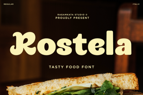 Rostela display font with cream-colored letters over dark background with fresh sandwich below