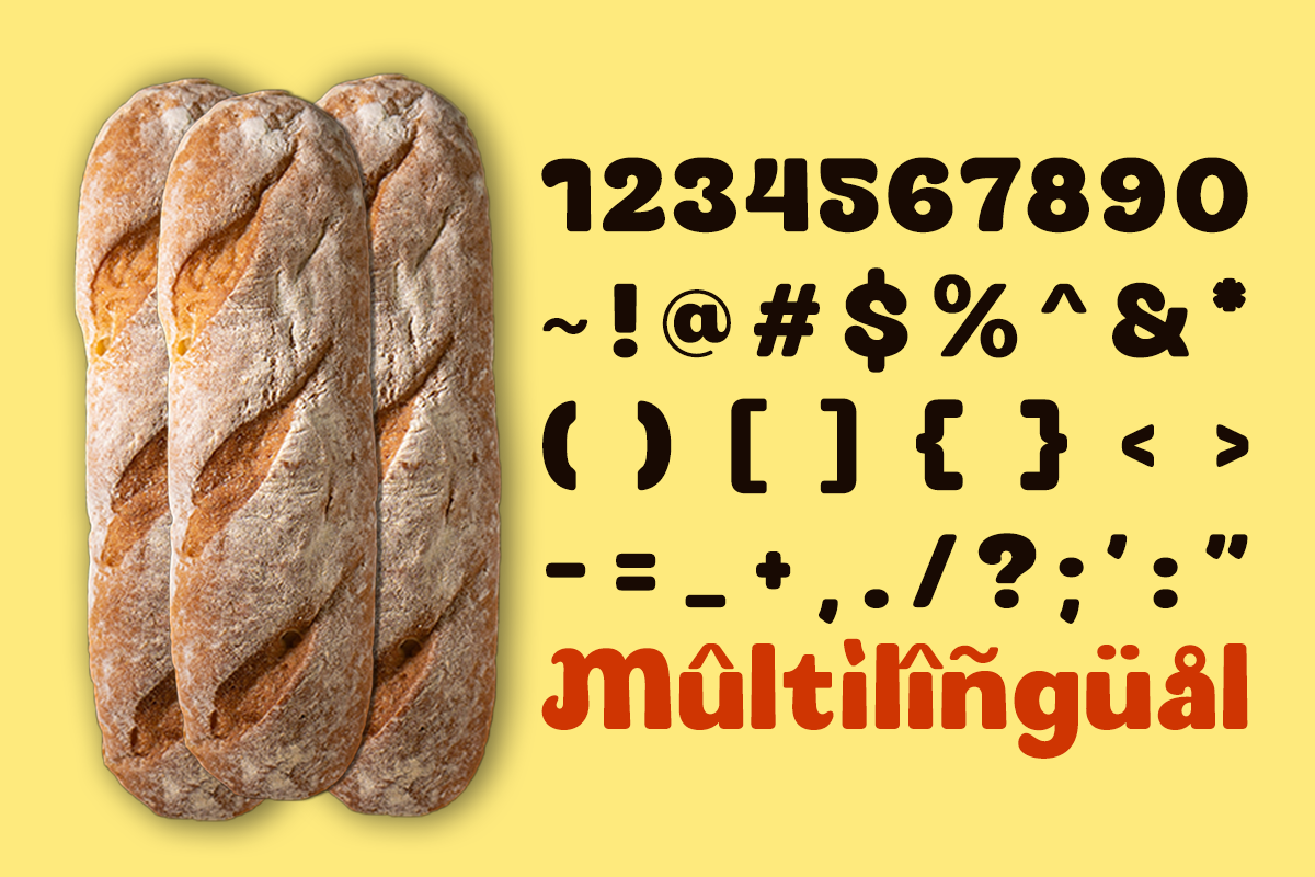 Crusty baguettes next to bold black numbers with multilingual text on bright yellow background