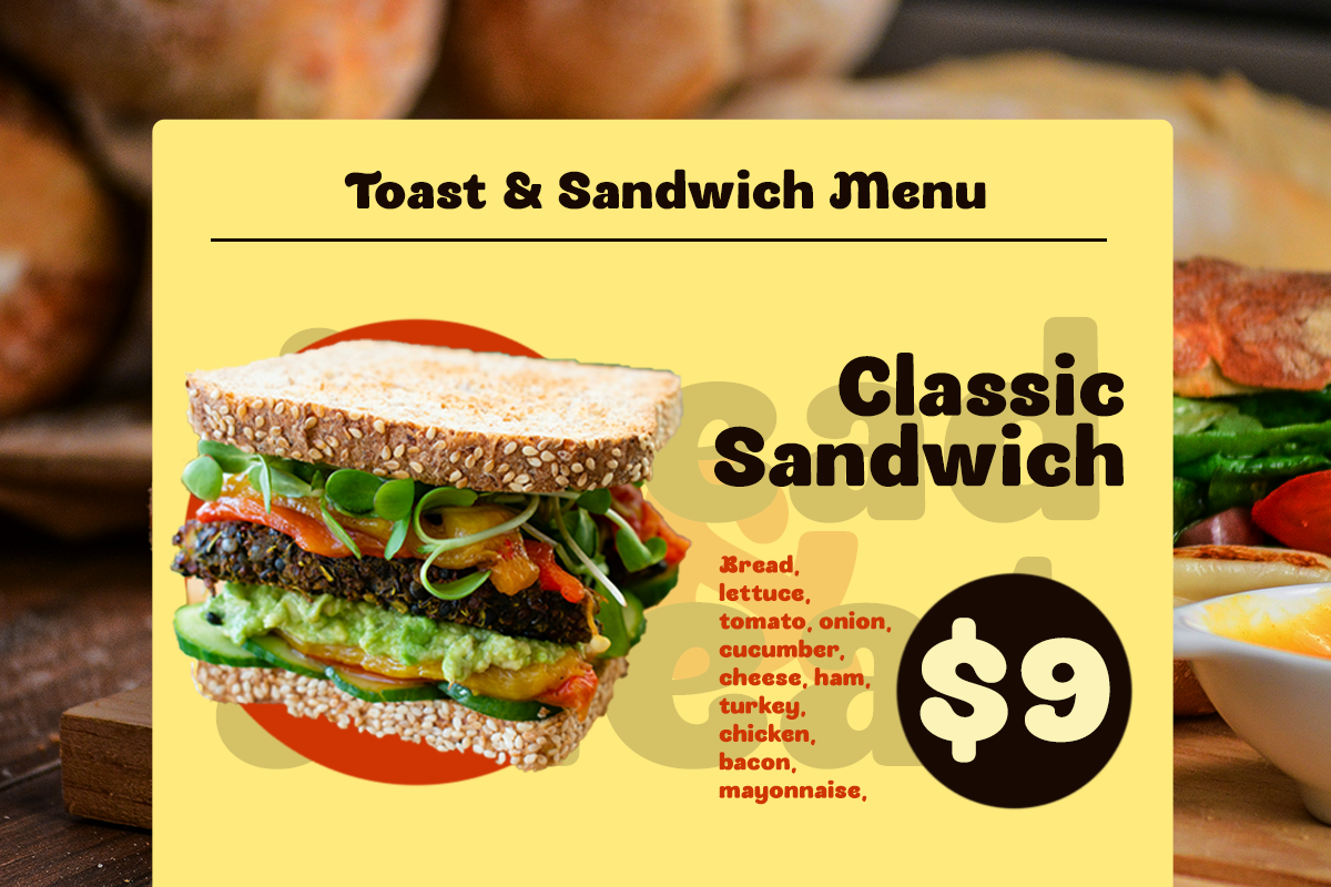 Bright yellow menu card for sandwich shop with loaded sandwich photo, ingredients list, $9 price
