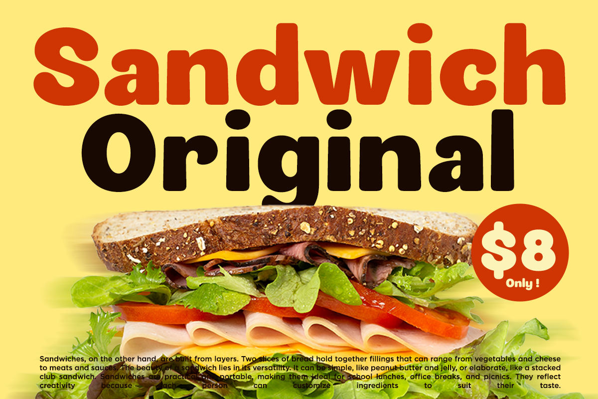 Sandwich shop poster with stacked deli sandwich, bold red typography, yellow background, $8 price tag