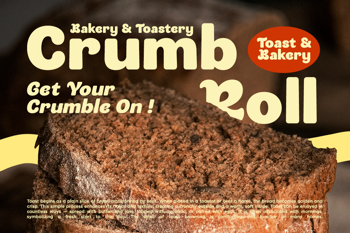 Retro bakery poster with cream text over crusty toast slice, red oval badge, yellow accents