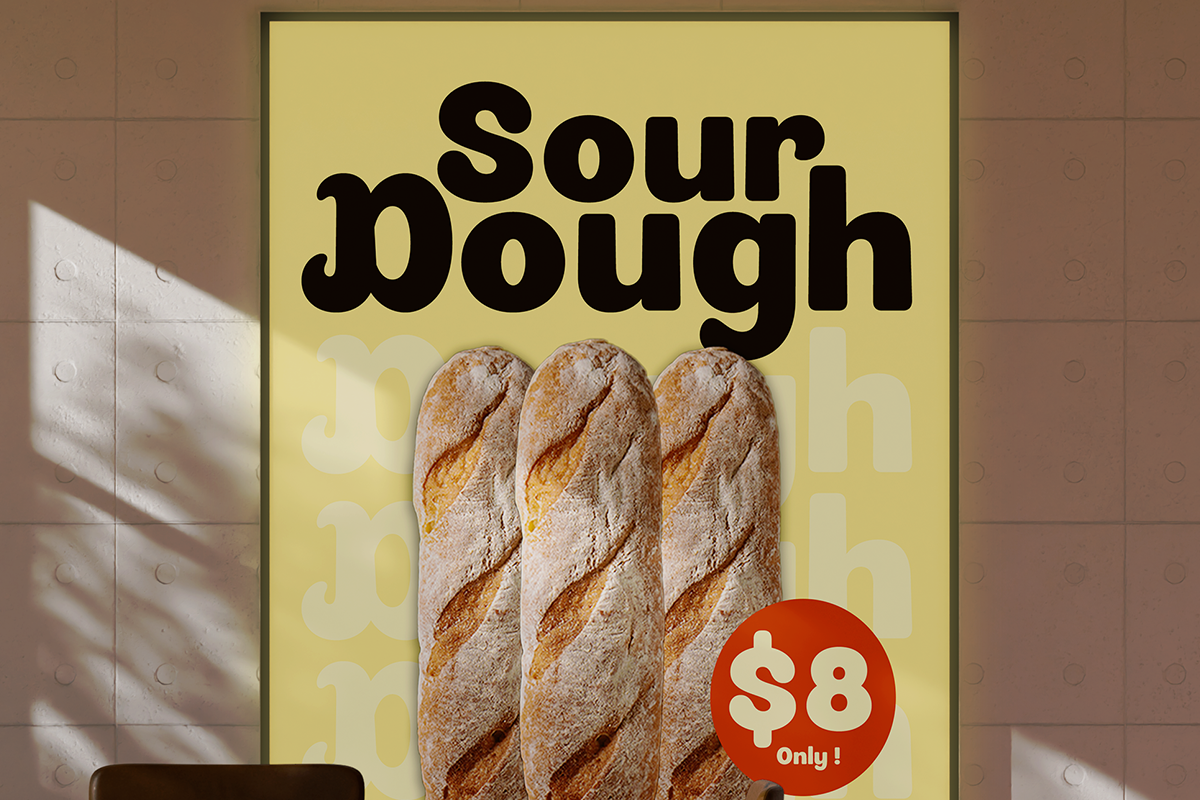Sourdough bread poster with bold black typography on yellow background, three loaves, red price badge