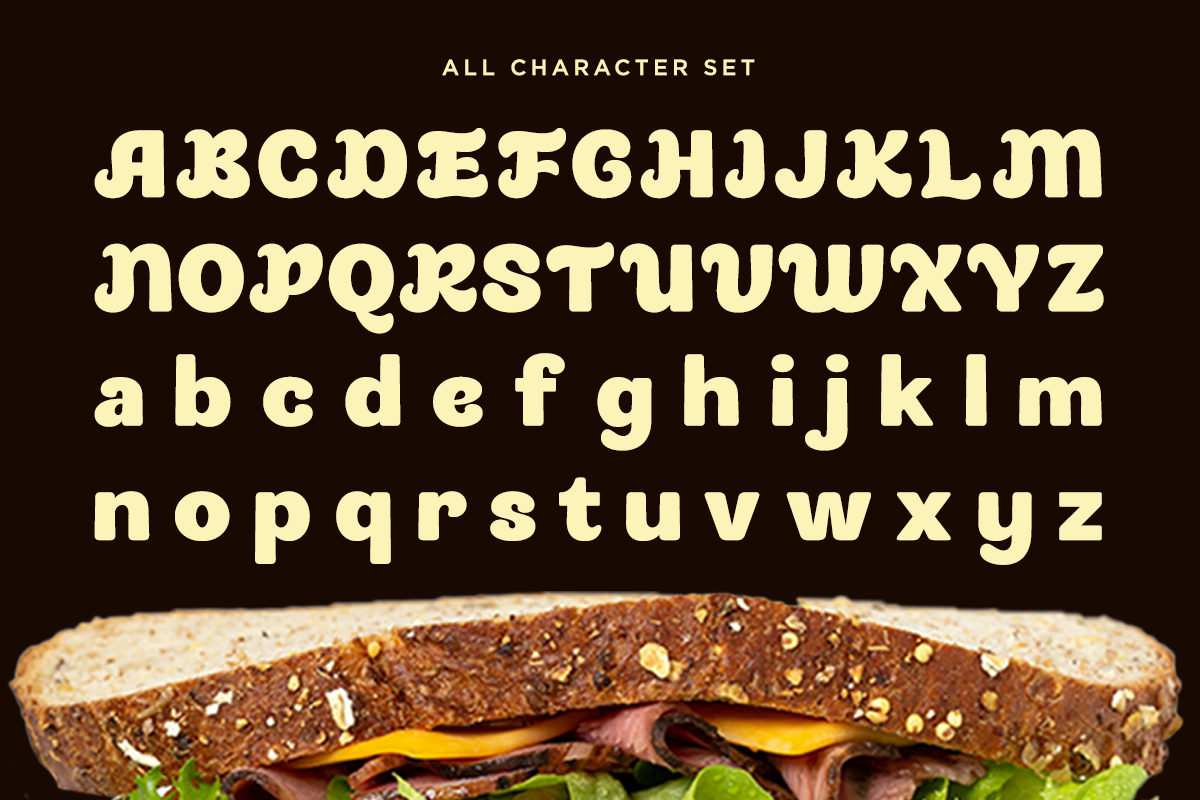 Chunky retro serif font displayed in uppercase, lowercase, over sandwich mockup with seeded bread