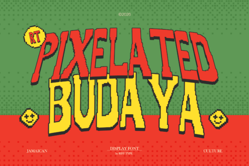 Retro pixelated display font with bold red letters, yellow accents, green background, nostalgic arcade vibes