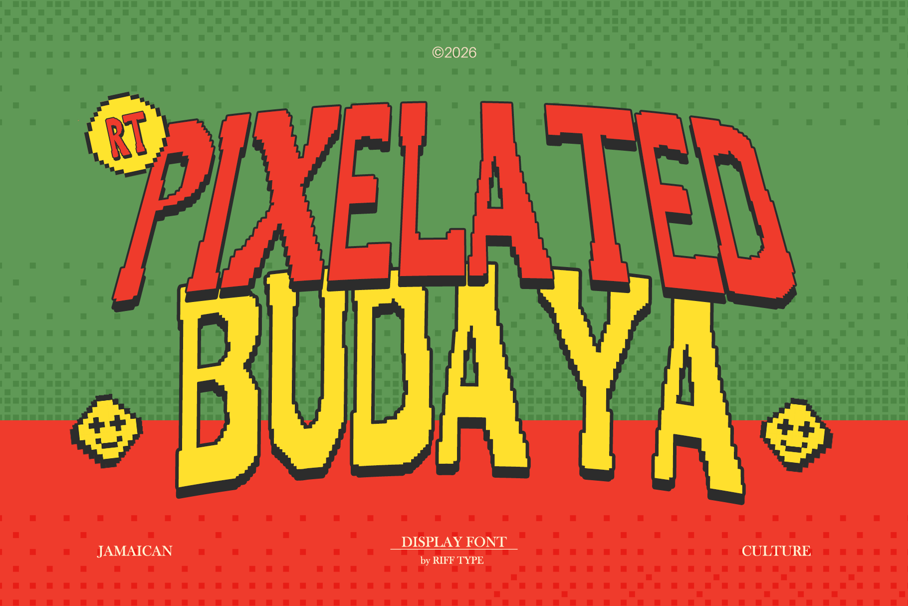 Retro pixelated display font with bold red letters, yellow accents, green background, nostalgic arcade vibes
