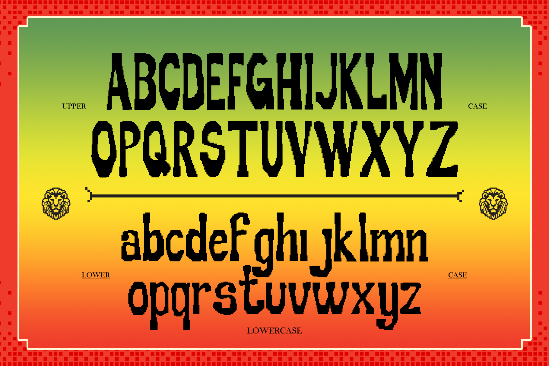 Bold distressed font with upper lower case letters on vibrant gradient background with lion heads