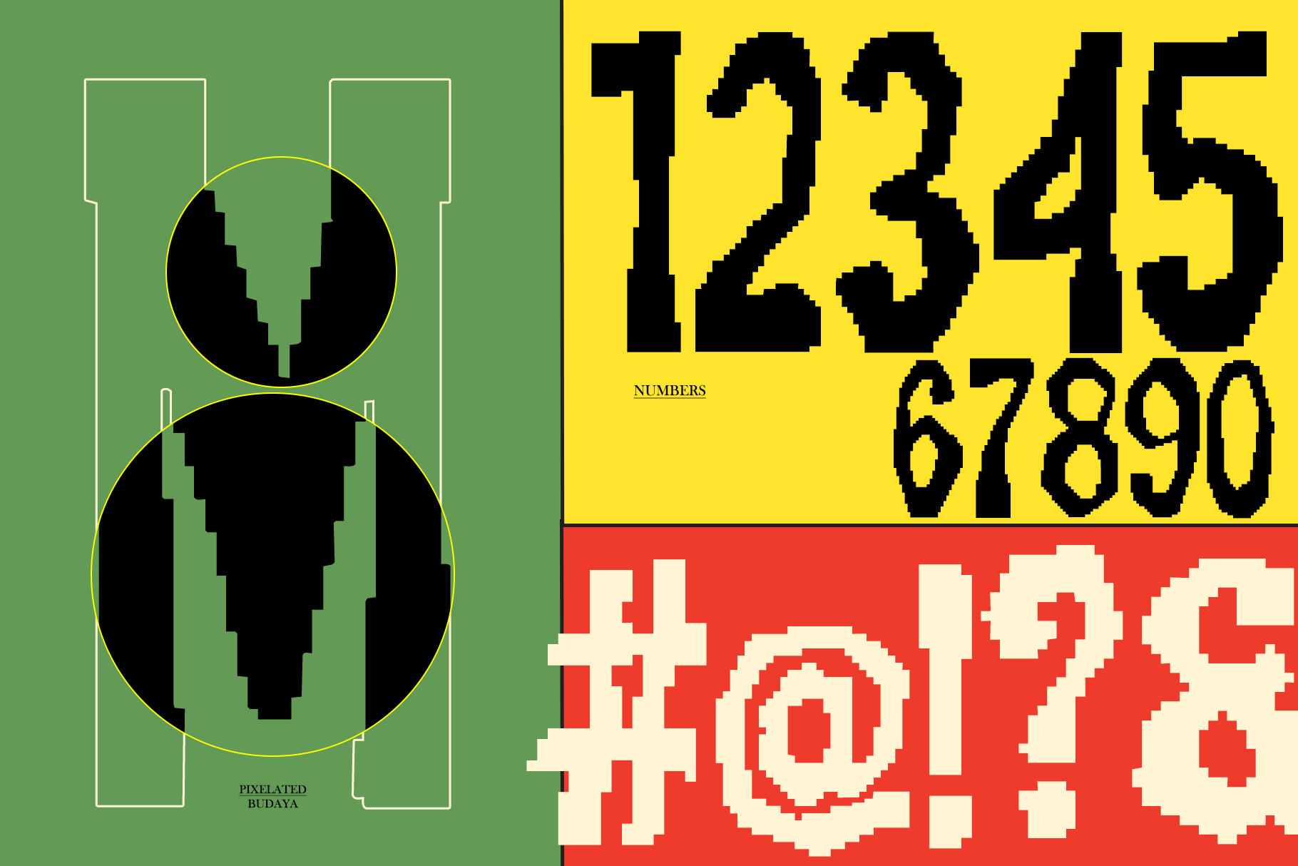 Pixelated Buddha heads on green with bold yellow numbers plus red retro text below