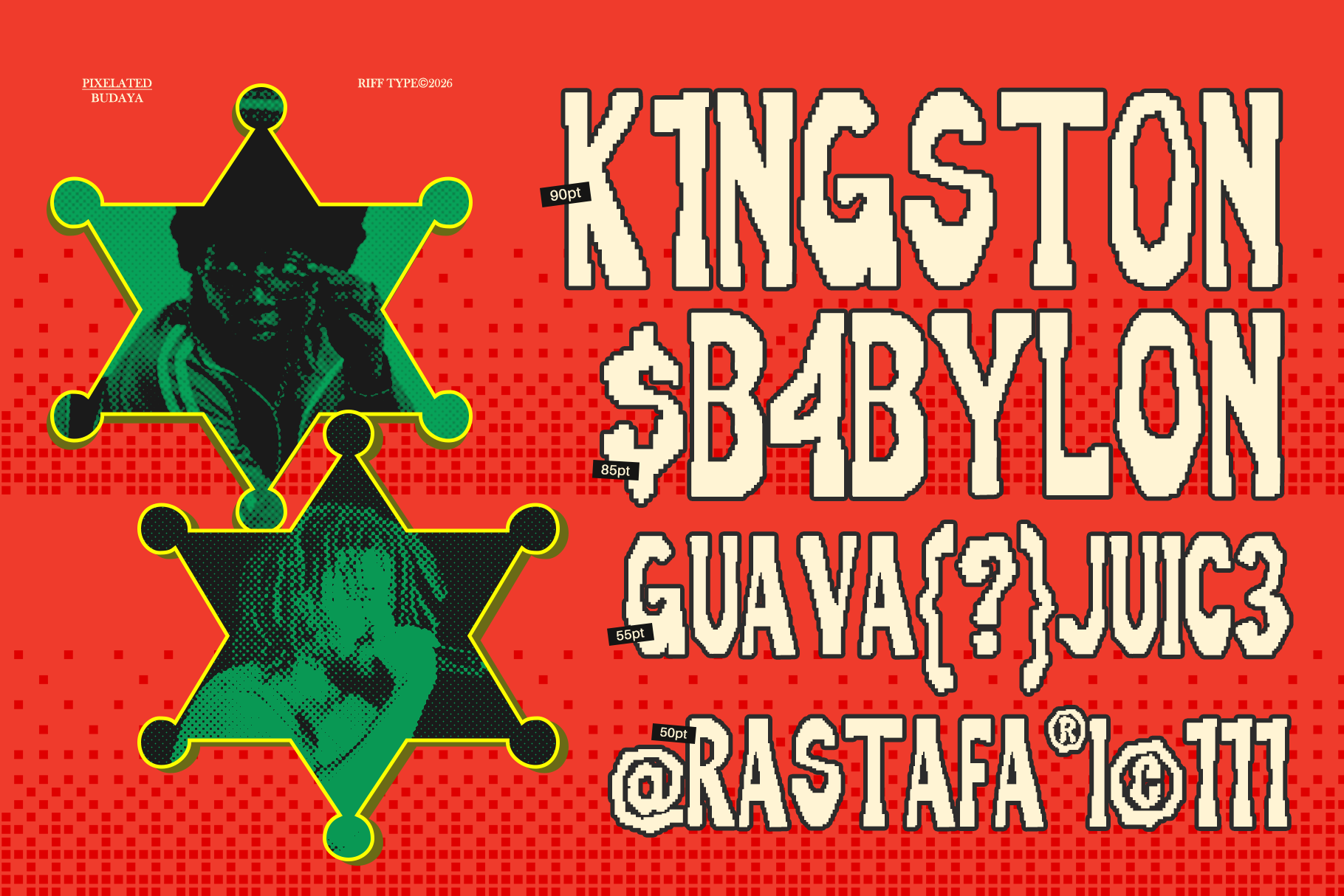 Kingston Babylon vintage reggae poster with pixelated sheriff badges on red background