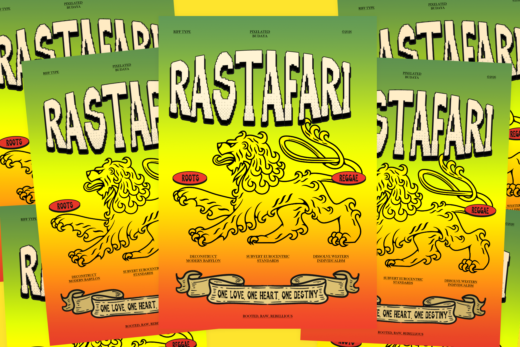 Rastafari poster mockup with bold cream lettering, roaring lions in yellow, reggae badges, banners saying "One Love, One Heart, One Destiny" on vibrant green to orange gradient background