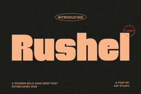 Rusher bold sans serif font in peachy tan on dark charcoal background