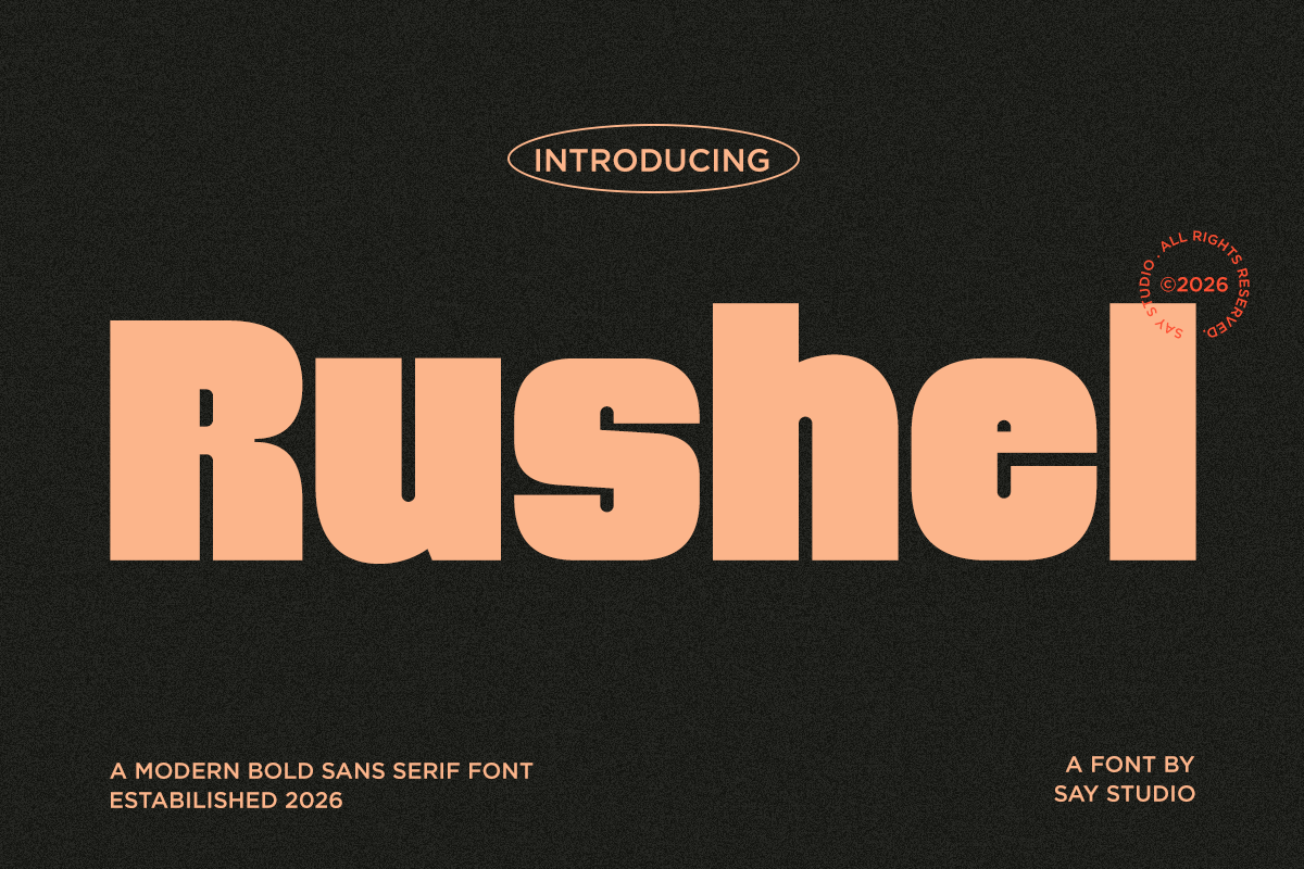 Rusher bold sans serif font in peachy tan on dark charcoal background