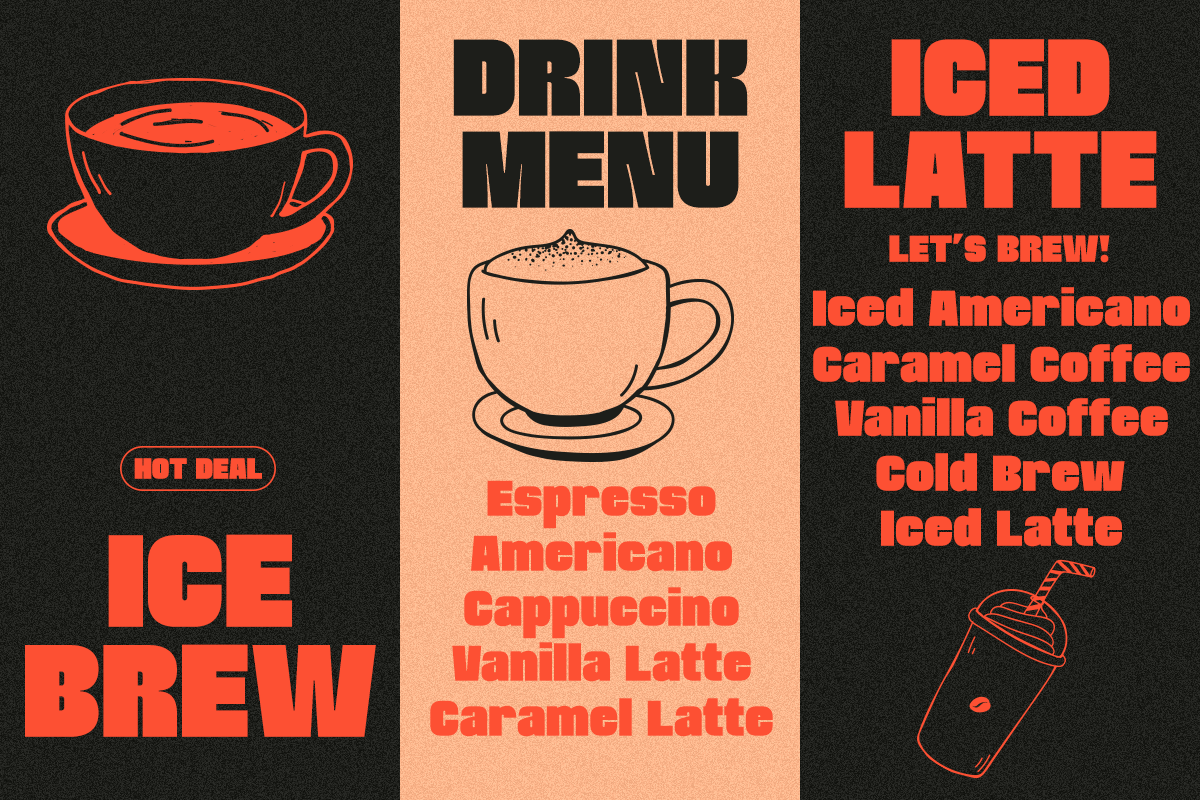 Retro coffee shop menu design with hot drink options in bold red type
